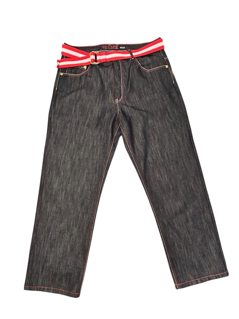 Red Ape Men's Dark Wash Jeans Red White Belt VTG 90s Y2K Hip Hop Skater 38/33